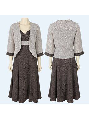 Jolibel Dress Set Womens 4 Polka Dot Brown White Midi Sheer Jacket Empire Waist